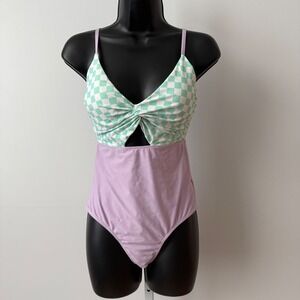 Caden Lane sz M Mint Green Checkerboard Lavender Cutout One Piece Swimsuit